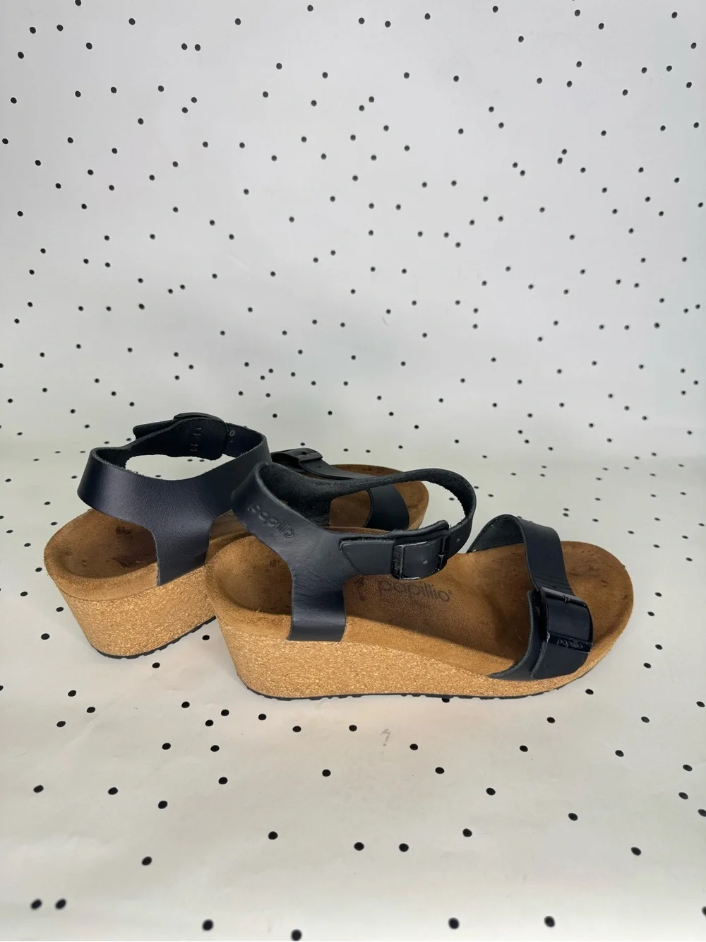 Birkenstock Papillio Soley Black Leather Wedge Sandals with Buckle Straps size 9